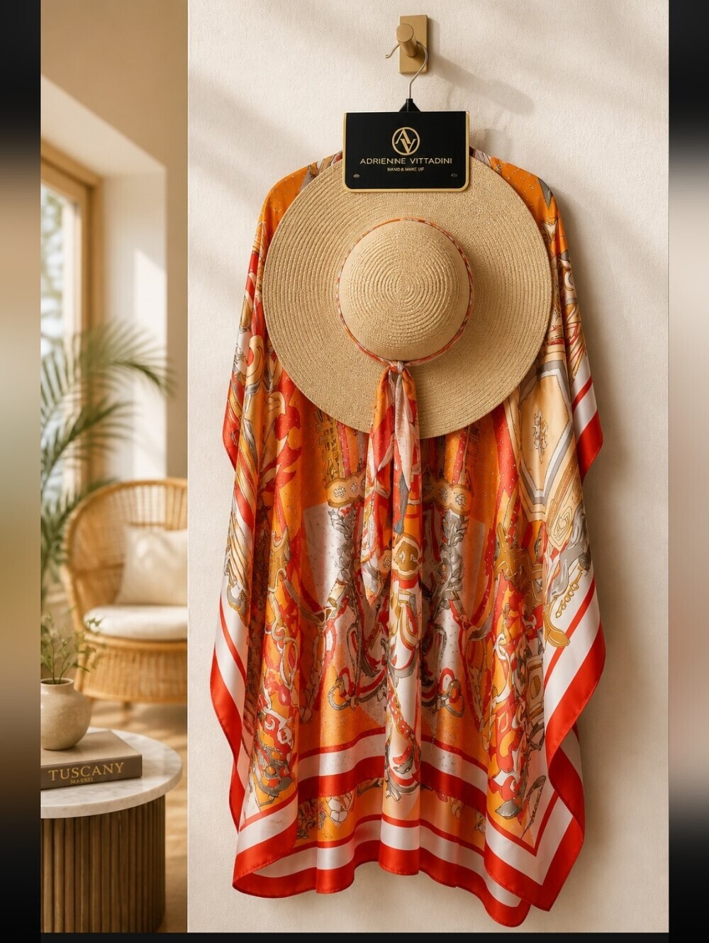 Adrienne Vittadini Orange and Red Patterned Silk Scarf Wrap & Matching Sun Hat